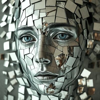 The primary subject of the image is a close-up of a person's face, which is made up of various mirrored pieces. The face is surrounded by a collage of mirrors, creating a unique and intriguing visual effect. The setting appears to be indoors, with the mirrors arranged in a way that emphasizes the face's features. The visual style of the image is a combination of digital art and photography, as the mirrors are digitally manipulated to create the desired effect. The colors and